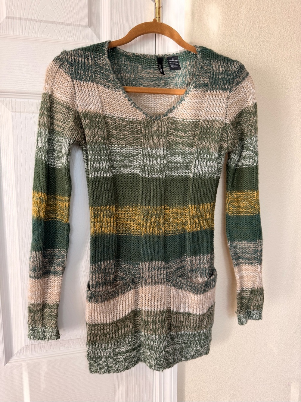 Ultra Flirt Green, Cream & Mustard Striped V-Neck Sweater size S